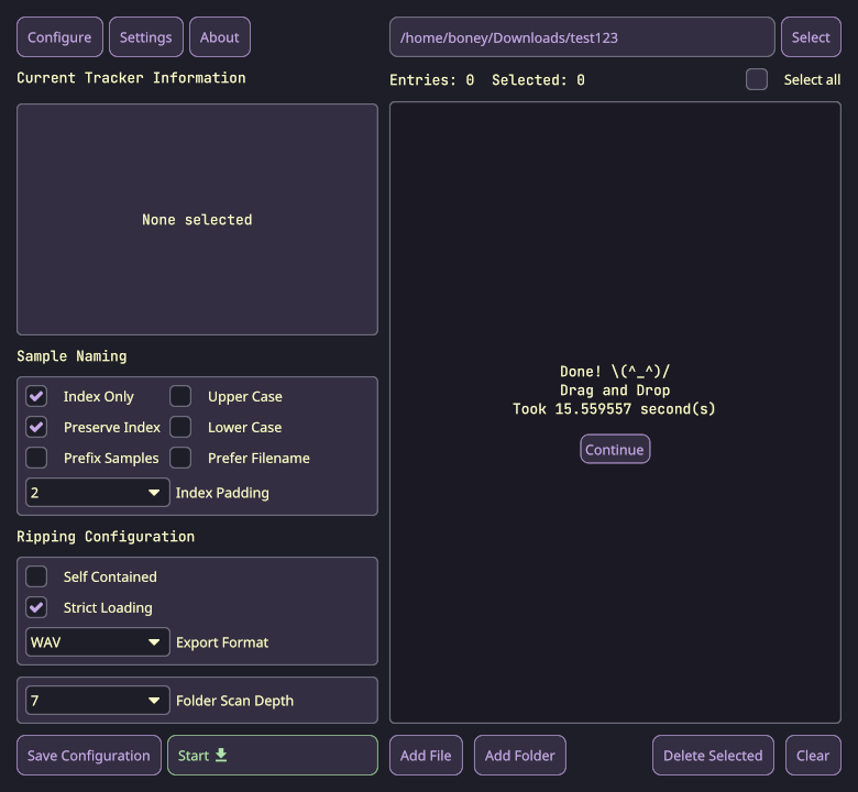 xmodits version 0.10.0 shows how long it takes to rip samples